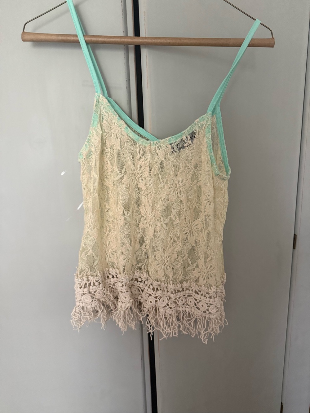 Lace Fringe Camisole Tank with Mint Trim